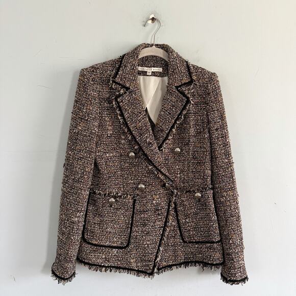Veronica Beard Theron Fringed Double Breasted Tweed Blazer Brown Multi Jacket - Picture 3 of 7